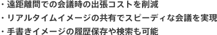・遠距離間での会議時の出張コストを削減 ・リアルタイムイメージの共有でスピーディな会議を実現 ・手書きイメージの履歴保存や検索も可能